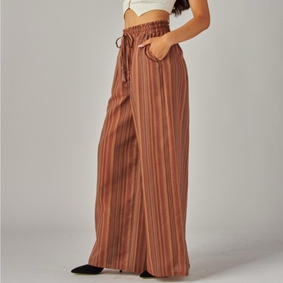 Elegant Brown Striped Wide Leg Pants - Picture 5 of 5